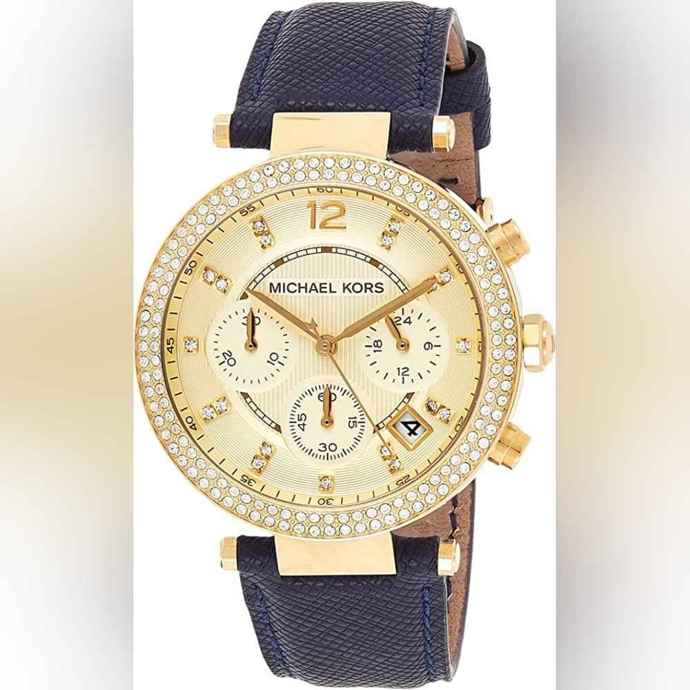 Michael Kors Parker Chronograph Style Gold Watch with Blue Leather Band